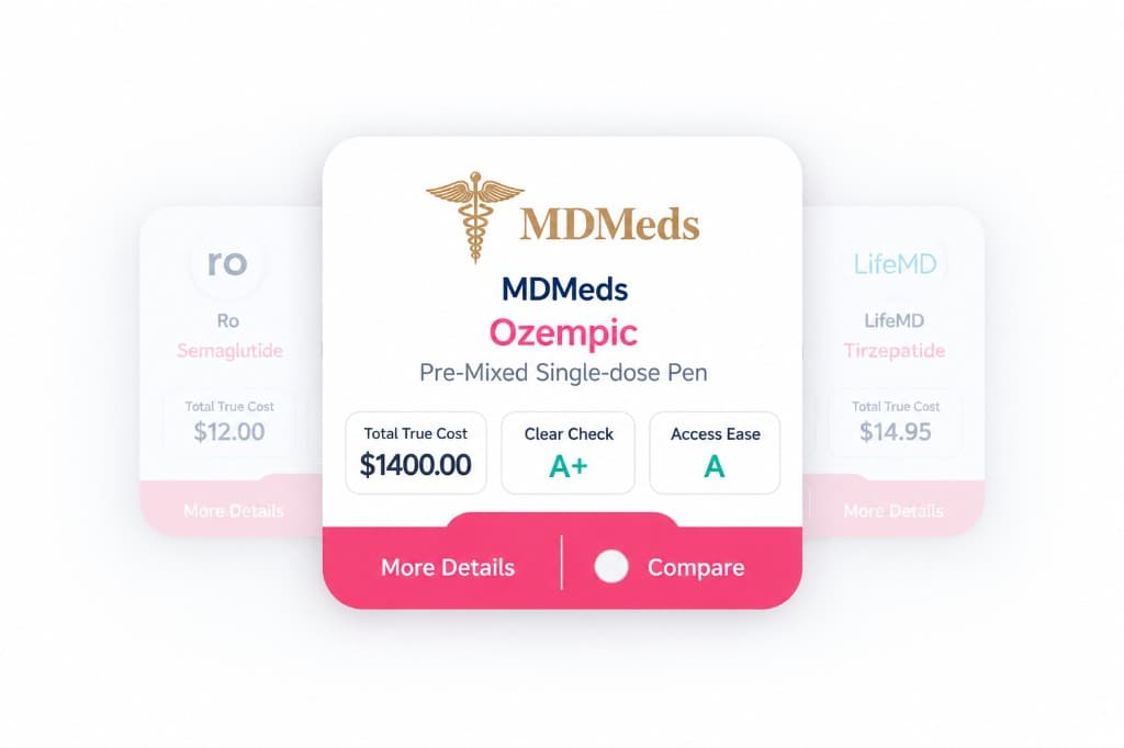 Example comparison cards showing Total True Cost, Clear Check, and Access Ease for telehealth medication offers